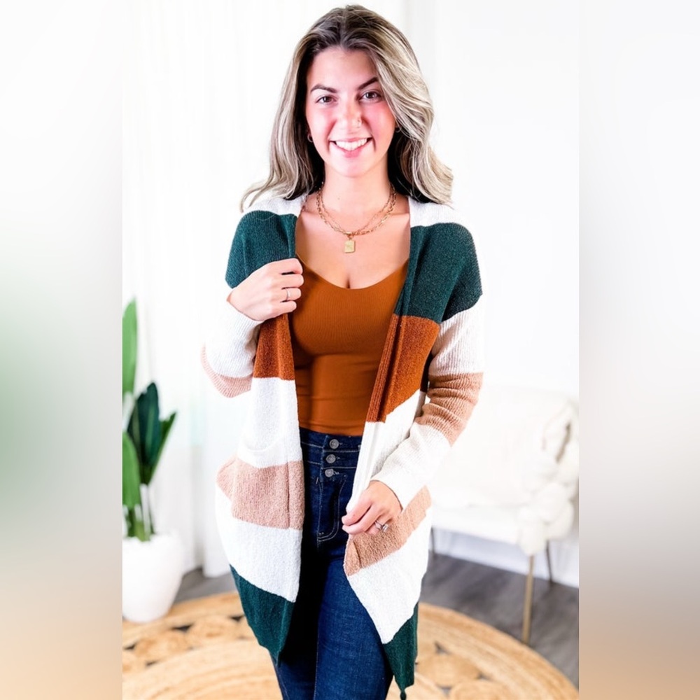 Cozy Co Color Block Cardigan Dark Green, Camel, Tan, Cream Pockets Small/Medium